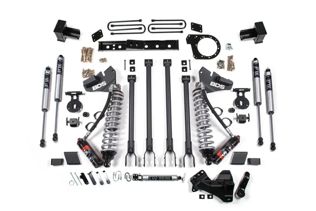 6 Inch Lift Kit w/ 4-Link & FOX 2.5 Coil-Over | Ford F250/F350 Super Duty (2017-2019) 4WD Diesel | Block Kit & Add-A-Leaf | FOX 2.0 Performance Series Rear | BDS Suspension