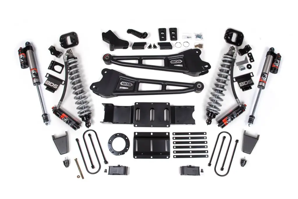 4 Inch Lift Kit w/ Radius Arm | FOX 2.5 Coil-Over Conversion Performance Elite | Ram 3500 (2019-2024) 4WD Diesel | 2" Block w/ Overload | Rubber Bump Stop | 6-Bolt | BDS Suspension